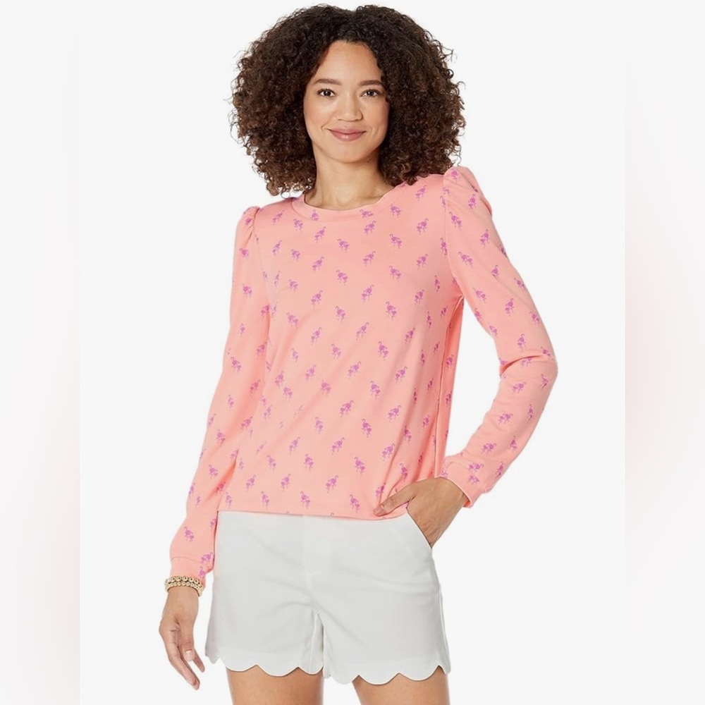 NWT Lilly Pulitzer Jansen Sweatshirt in Peach Hyacinth “Me & My Minnie”, Size S